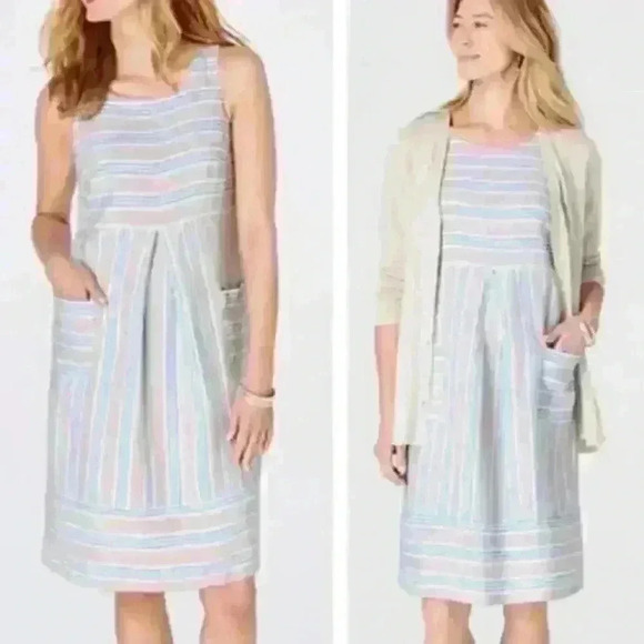J. Jill Dresses & Skirts - J Jill Love Linen Dress XSmall Petite Sleeveless Pockets Stripe White Blue ALine